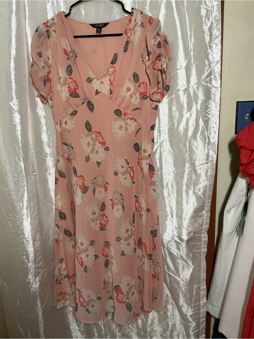 Ralph Lauren Blush Pink Floral V-Neck Midi Dress